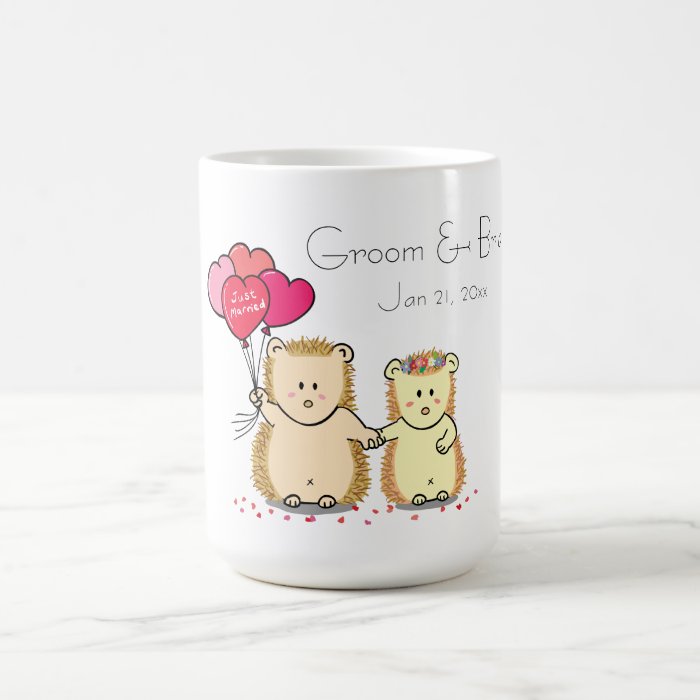 Cute hedgehog couple with balloons, just married coffee mugs