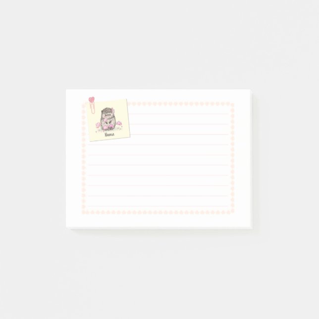 Cute Hedgehog Custom Name Hearts Post-it Notes (Front)