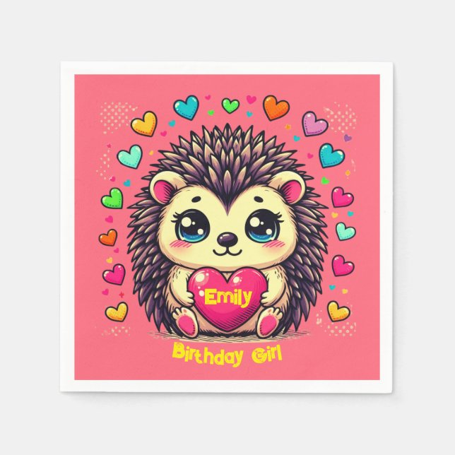 Cute Hedgehog Customizable Birthday Girl Napkins (Front)