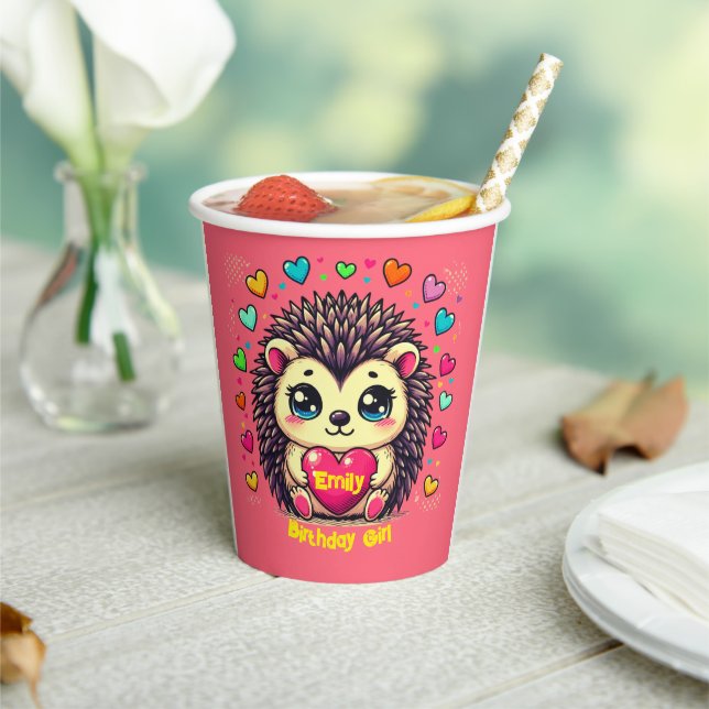Cute Hedgehog Customizable Birthday Girl Paper Cups (Insitu)