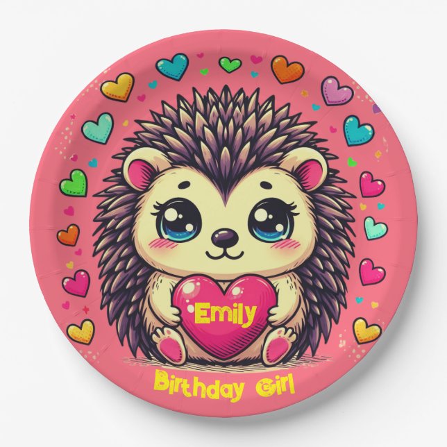 Cute Hedgehog Customizable Birthday Girl Paper Plates (Front)