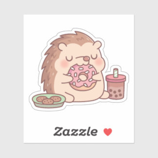 Cute Hedgehog Eating Donut Cookies And Boba Tea Sticker