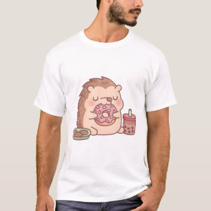 Cute Hedgehog Eating Donut Cookies And Boba Tea T-Shirt
