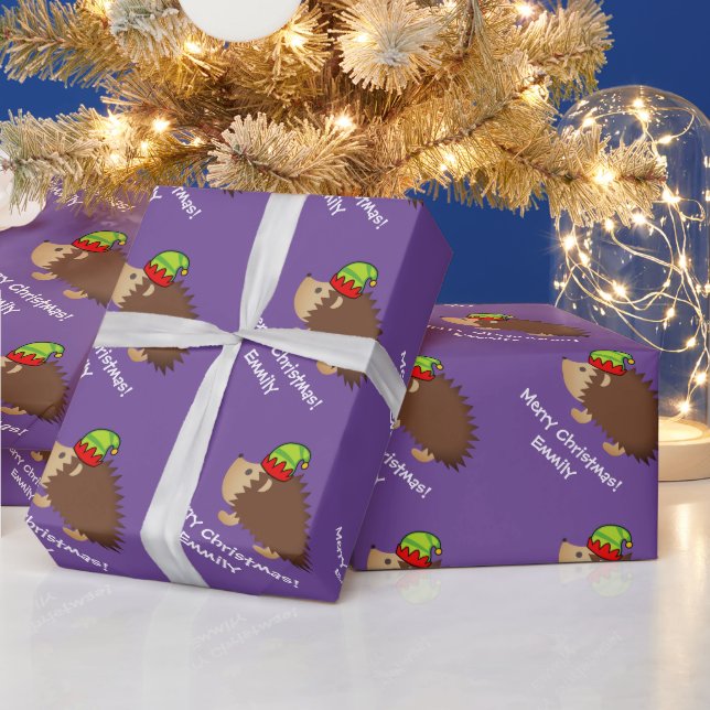 Cute hedgehog elf kid's Christmas wrapping paper (Holidays)