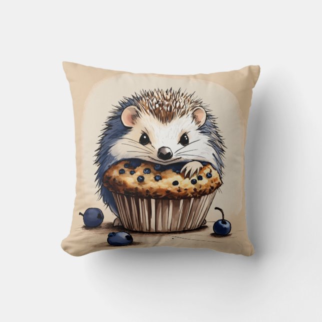 "Cute Hedgehog Enjoying a Blueberry Muffin Pillow  (Front)