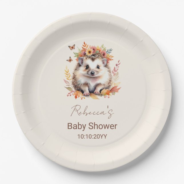Cute Hedgehog Fall Woodland Baby Shower Paper Plates (Front)