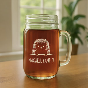 Cute Hedgehog Family Name Mason Jar W/ Handle
