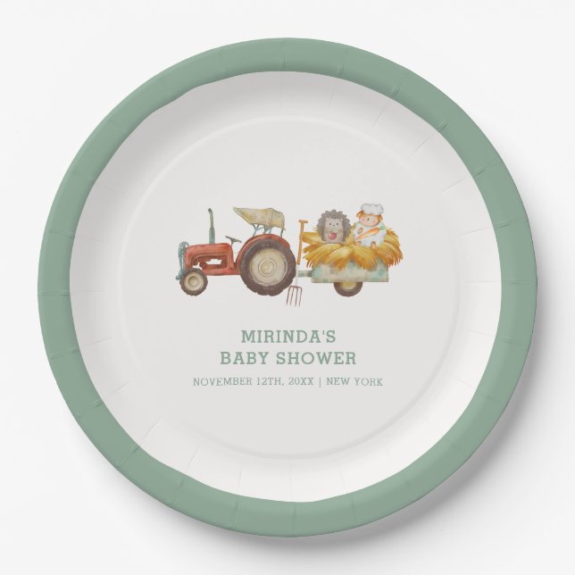 Cute Hedgehog Farm Tractor Baby Shower  Paper Plates (Front)