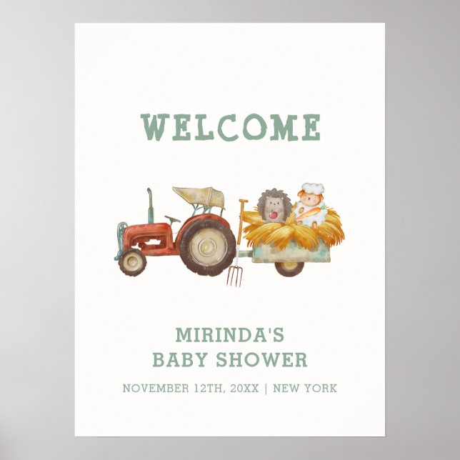 Cute Hedgehog Farm Tractor Baby Shower Welcome  Poster (Front)