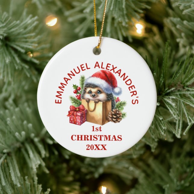 Cute Hedgehog First Christmas Personalized Ceramic Ornament (Tree)