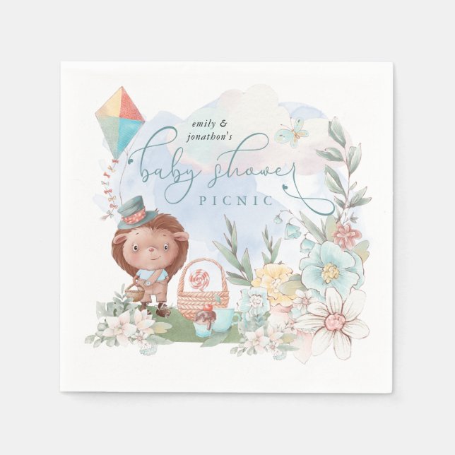 Cute Hedgehog Floral Nature Boy Baby Shower Picnic Napkins (Front)