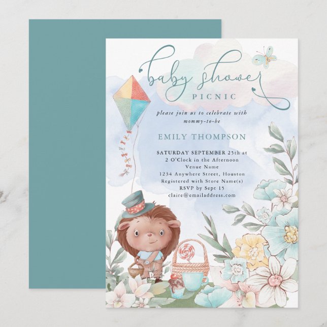 Cute Hedgehog Florals Baby Shower Picnic Boy Invitation (Front/Back)