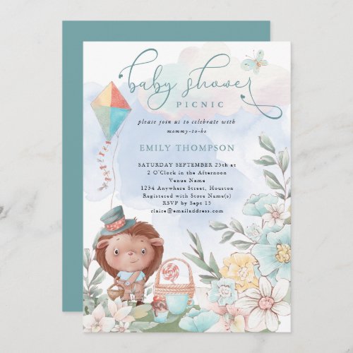 Cute Hedgehog Florals Baby Shower Picnic Boy Invitation
