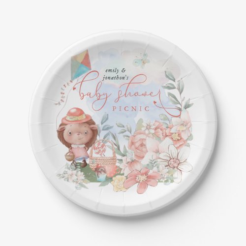 Cute Hedgehog Florals Woodland Baby Shower Picnic Paper Plates