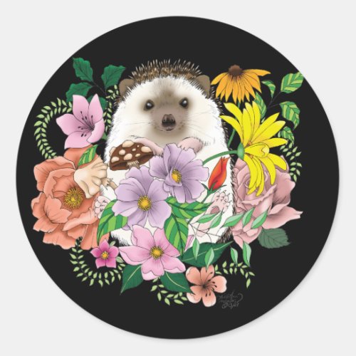 Cute Hedgehog Flowers Classic Round Sticker