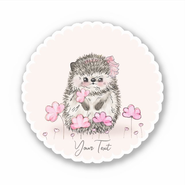 Cute Hedgehog & Flowers Text Pink Sticker (Front)