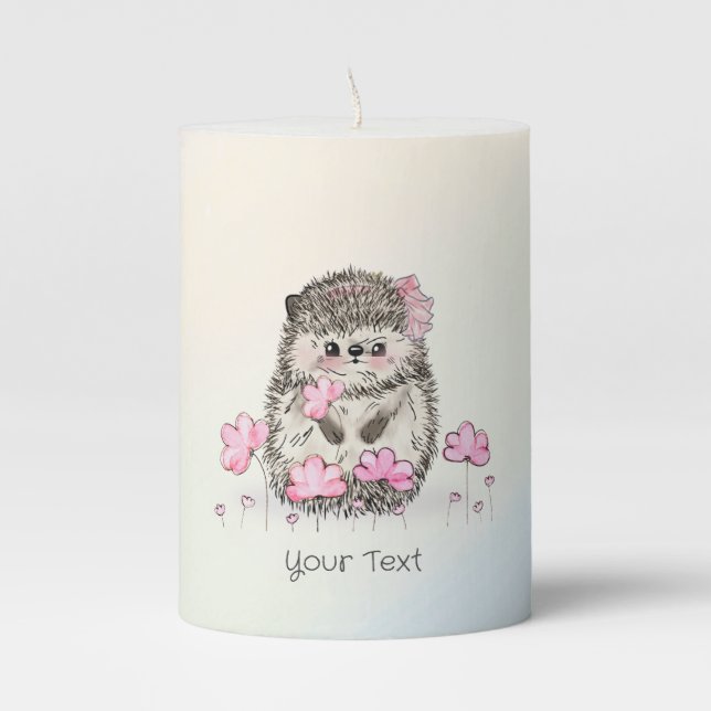 Cute Hedgehog Flowers Text Rainbow  Pillar Candle (Front)