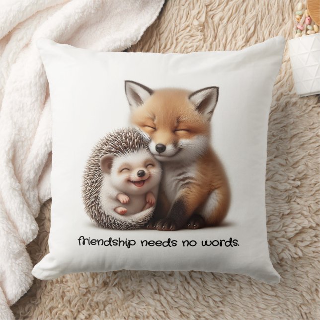 Cute Hedgehog & Fox Kit Cuddling Best Friends Throw Pillow (Blanket)