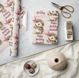Cute Hedgehog Girls Personalized Birthday Wrapping Paper
