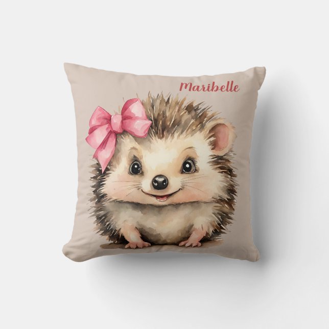 Cute Hedgehog Girls Personalized Throw Pillow (Front)