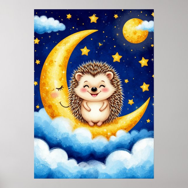 Cute Hedgehog Golden Crescent Moon 🌙  Poster (Front)