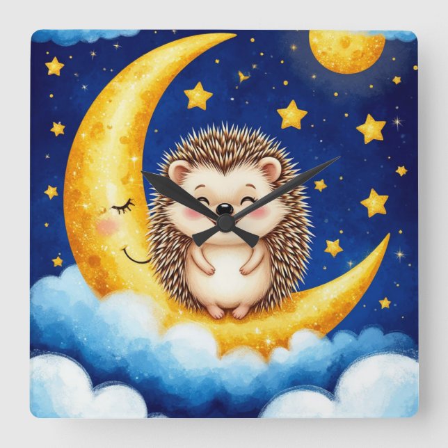 Cute Hedgehog Golden Crescent Moon 🌙  Square Wall Clock (Front)