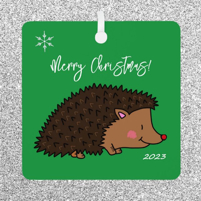 Cute Hedgehog Green and White Merry Christmas Metal Ornament (Creator Uploaded)