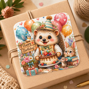 Cute Hedgehog Happy Birthday Forest Friends Square Sticker