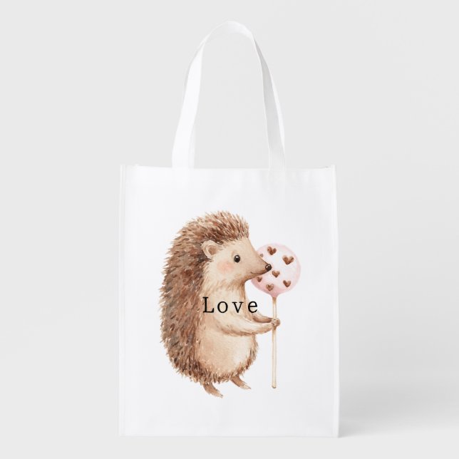 Cute Hedgehog Hearts Love Grocery Bag (Front)