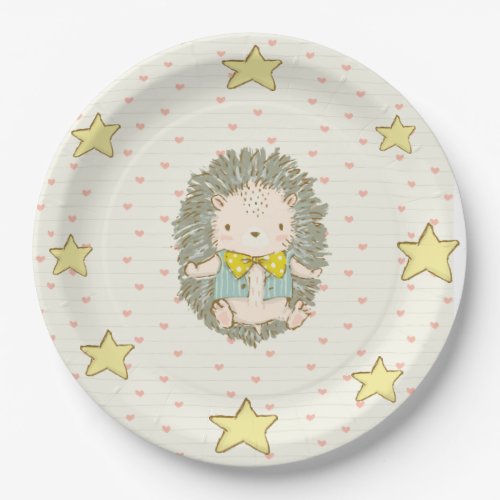 Cute Hedgehog Hearts Stars Baby Shower Paper Plates