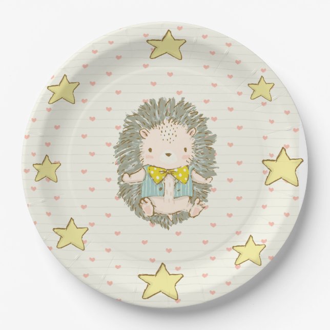 Cute Hedgehog Hearts Stars Baby Shower Paper Plates (Front)