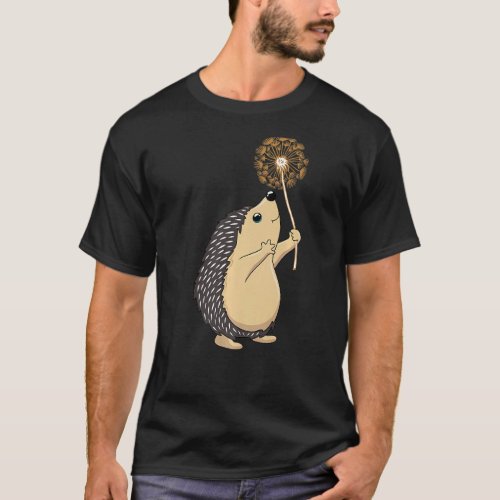 Cute Hedgehog Holding A Dandelion Flower T_Shirt