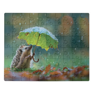 Cute hedgehog holding a leaf umbrella jigsaw puzzle