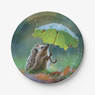 Cute hedgehog holding a leaf umbrella paper plates