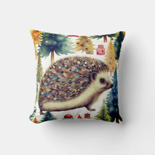 Cute Hedgehog Holiday Trees  Throw Pillow