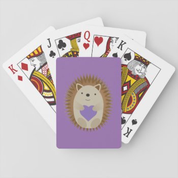 Cute Hedgehog Holidng A Purple Heart Playing Cards by Egg_Tooth at Zazzle