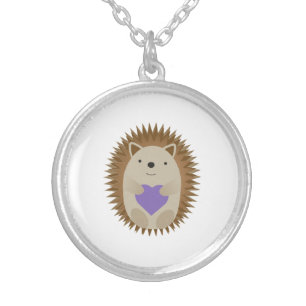 Cute Hedgehog Holidng a Purple Heart Silver Plated Necklace