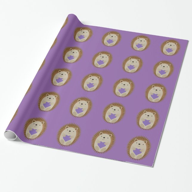 Cute Hedgehog Holidng a Purple Heart Wrapping Paper (Unrolled)