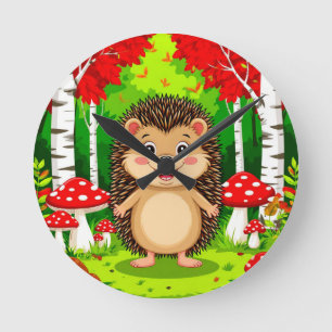 Cute Hedgehog in a Bright Forest Round Clock