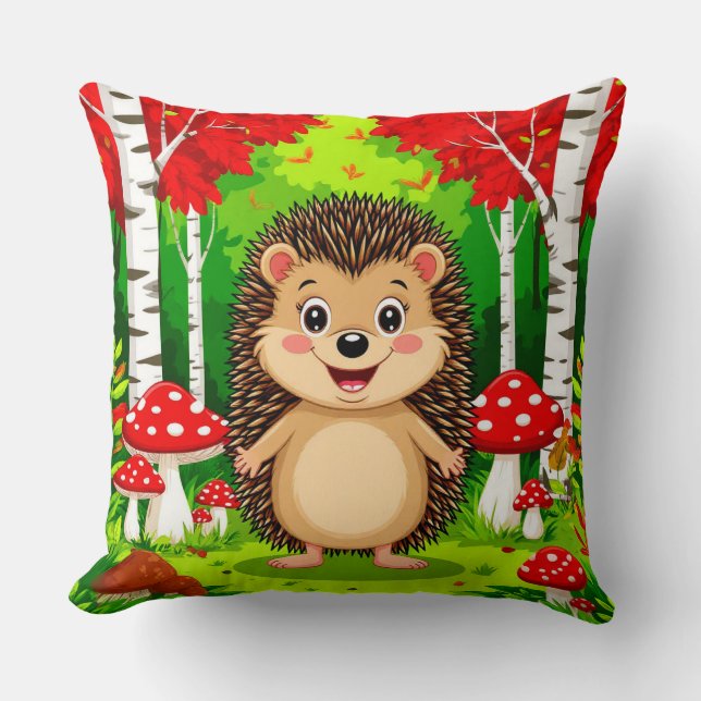 Cute Hedgehog in a Bright Forest Throw Pillow (Front)
