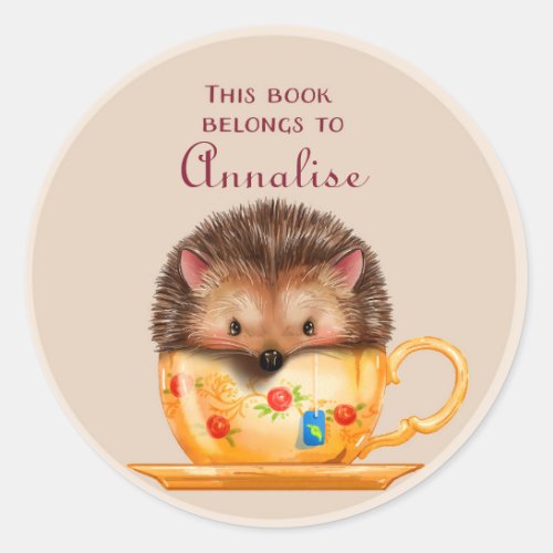 Cute hedgehog in a Mug Book Name Plate Classic Round Sticker