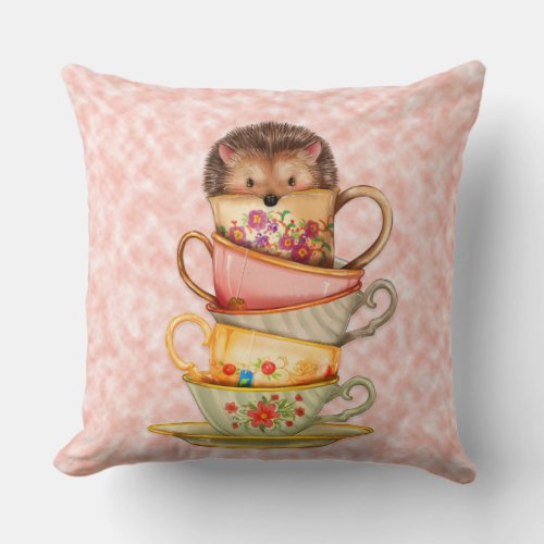 Cute Hedgehog in Colorful Teacups on Pink Pillow