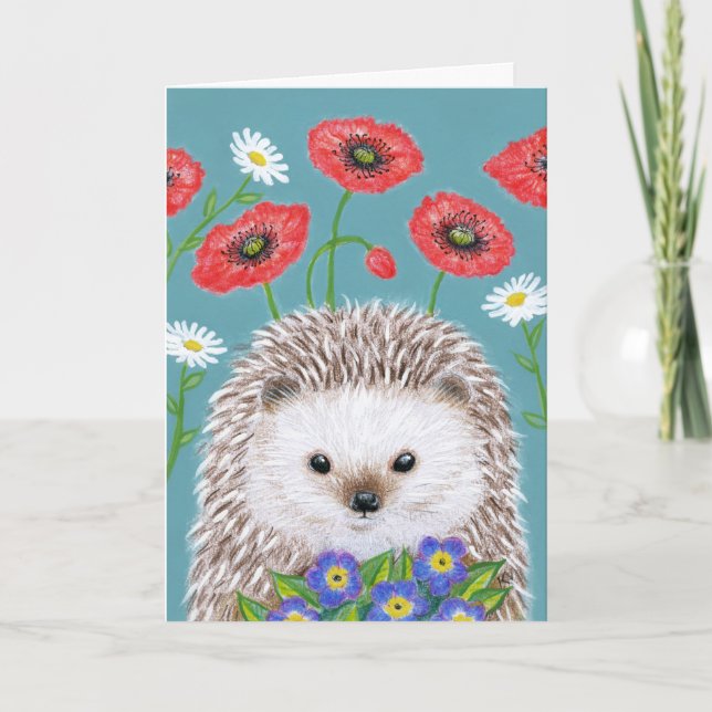 Cute Hedgehog in flower garden Card (Front)