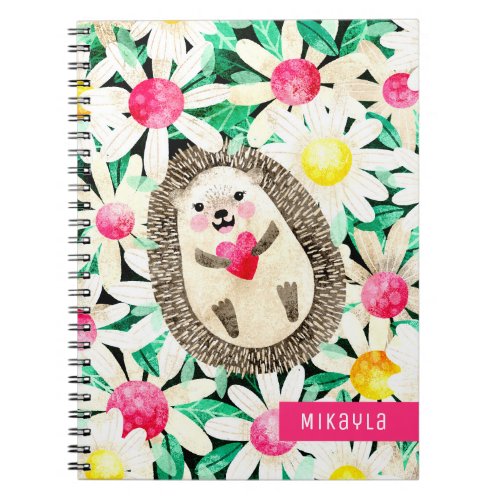 Cute Hedgehog in Flowers Pink Yellow Personalized Notebook