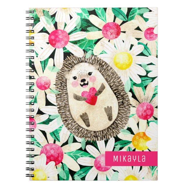 Cute Hedgehog in Flowers Pink Yellow Personalized Notebook (Front)