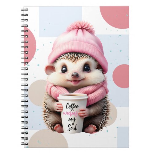 Cute Hedgehog in Pink Hat and Scarf Loves Coffee Notebook
