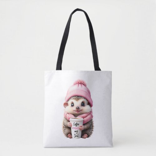 Cute Hedgehog in Pink Hat and Scarf Loves Coffee Tote Bag