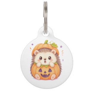 Cute Hedgehog in Pumpkin Costume Halloween Illustr Pet ID Tag
