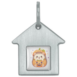 Cute Hedgehog in Pumpkin Costume Halloween Illustr Pet ID Tag