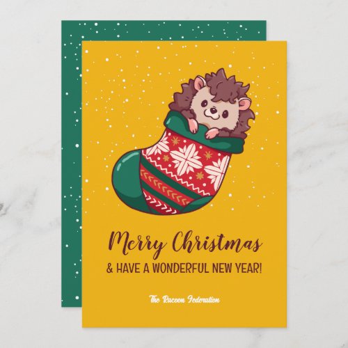 Cute Hedgehog in Stockings Merry Christmas Holiday Card
